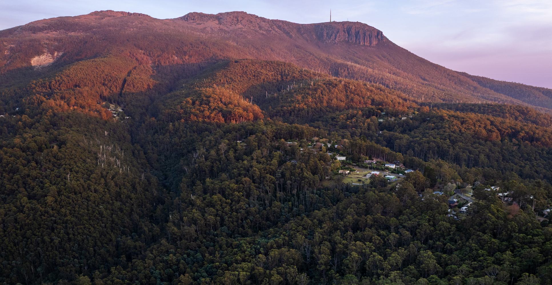 Aerial view of the Breath cabins nestled in the forest below kunanyi/Mount Wellington.