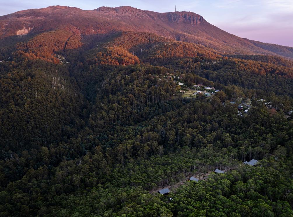 Aerial view of the Breath cabins nestled in the forest below kunanyi/Mount Wellington.