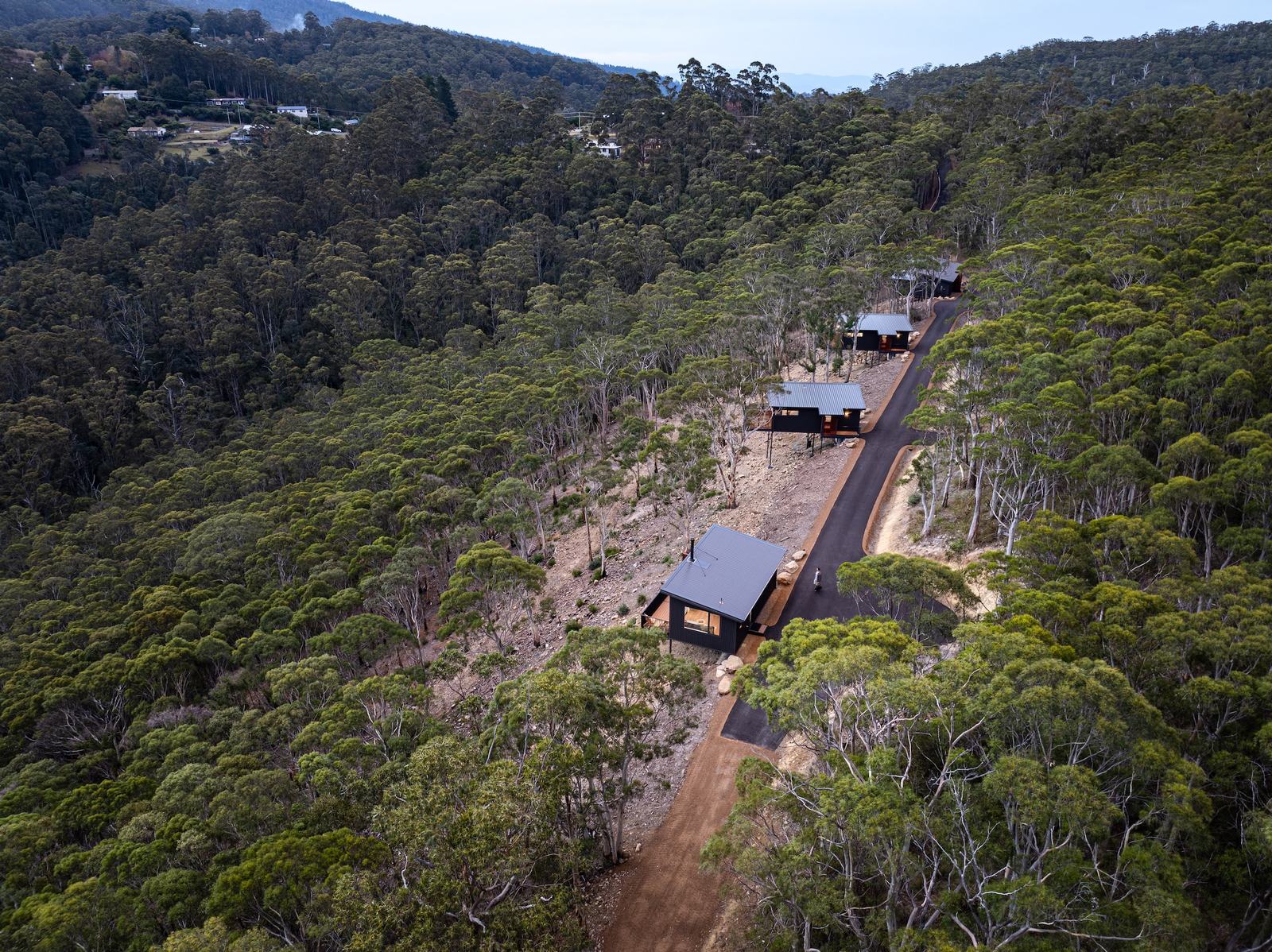 Three cabins on the hillside overlooking a forest view