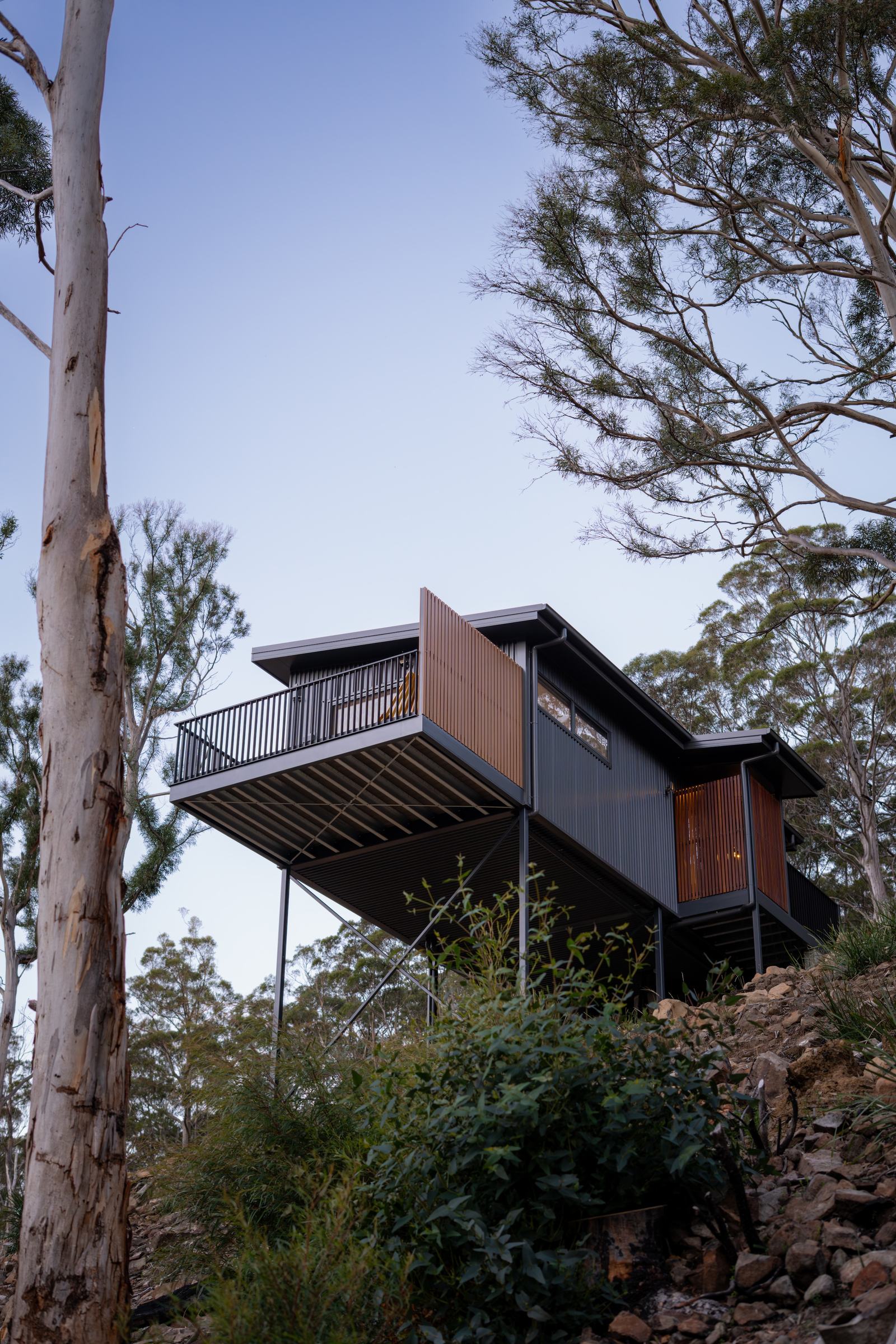 Ironbark hillside cabin from below showing the architectual detail of the building