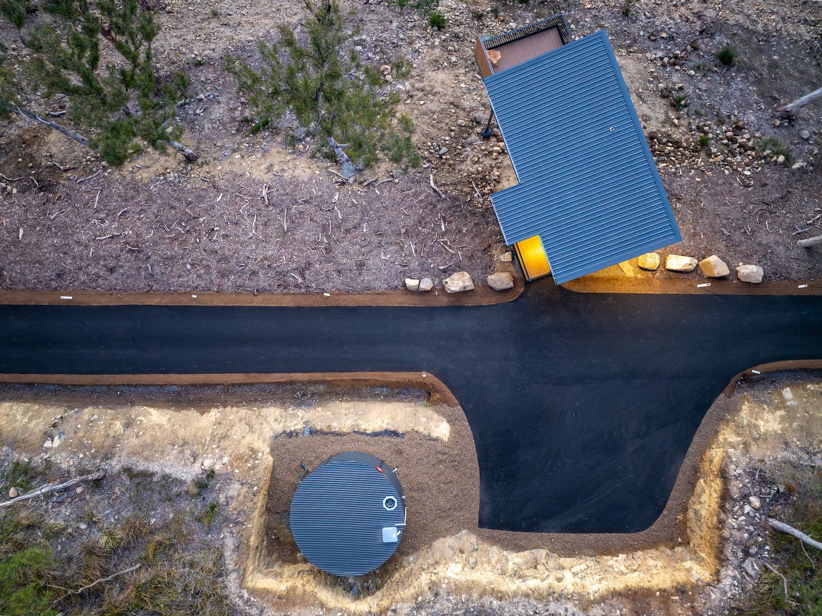 Aerial drone shot of mosswood cabin