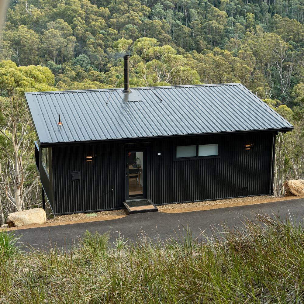 Hillside cabin between trees in the forest
